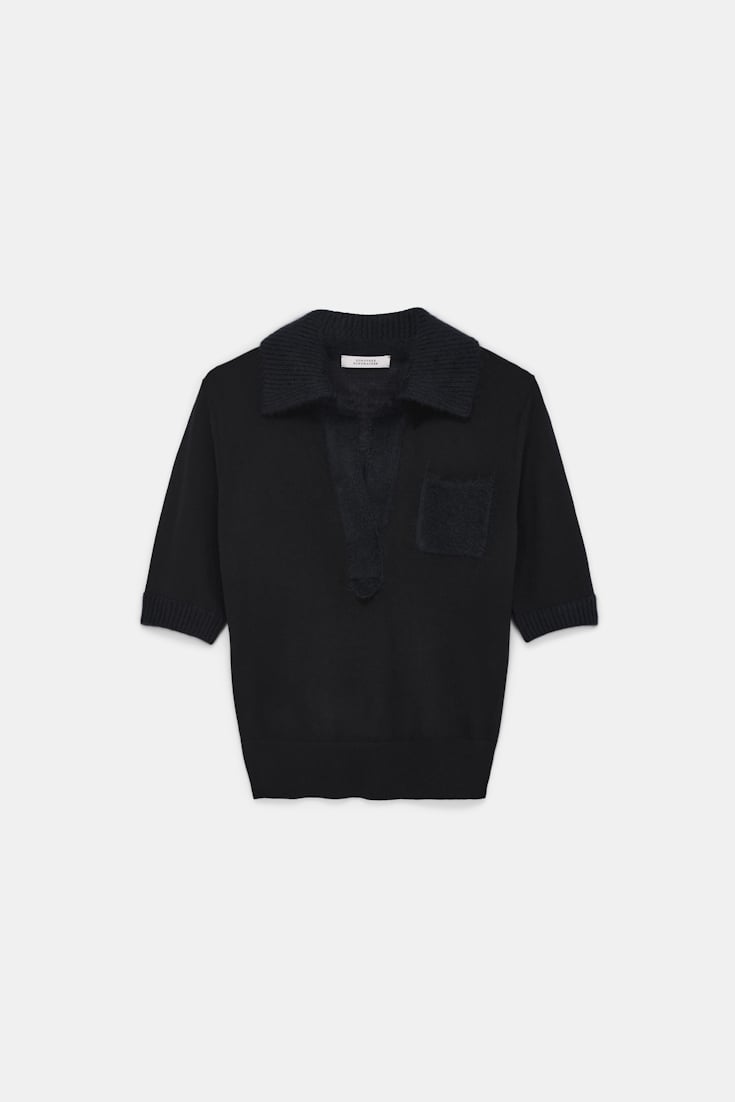 Dorothee Schumacher Virgin Merino open collar knit top pure black