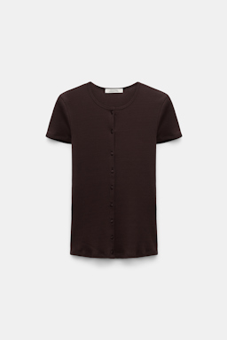Dorothee Schumacher Button-down top in luxurious rib knit chocolate
