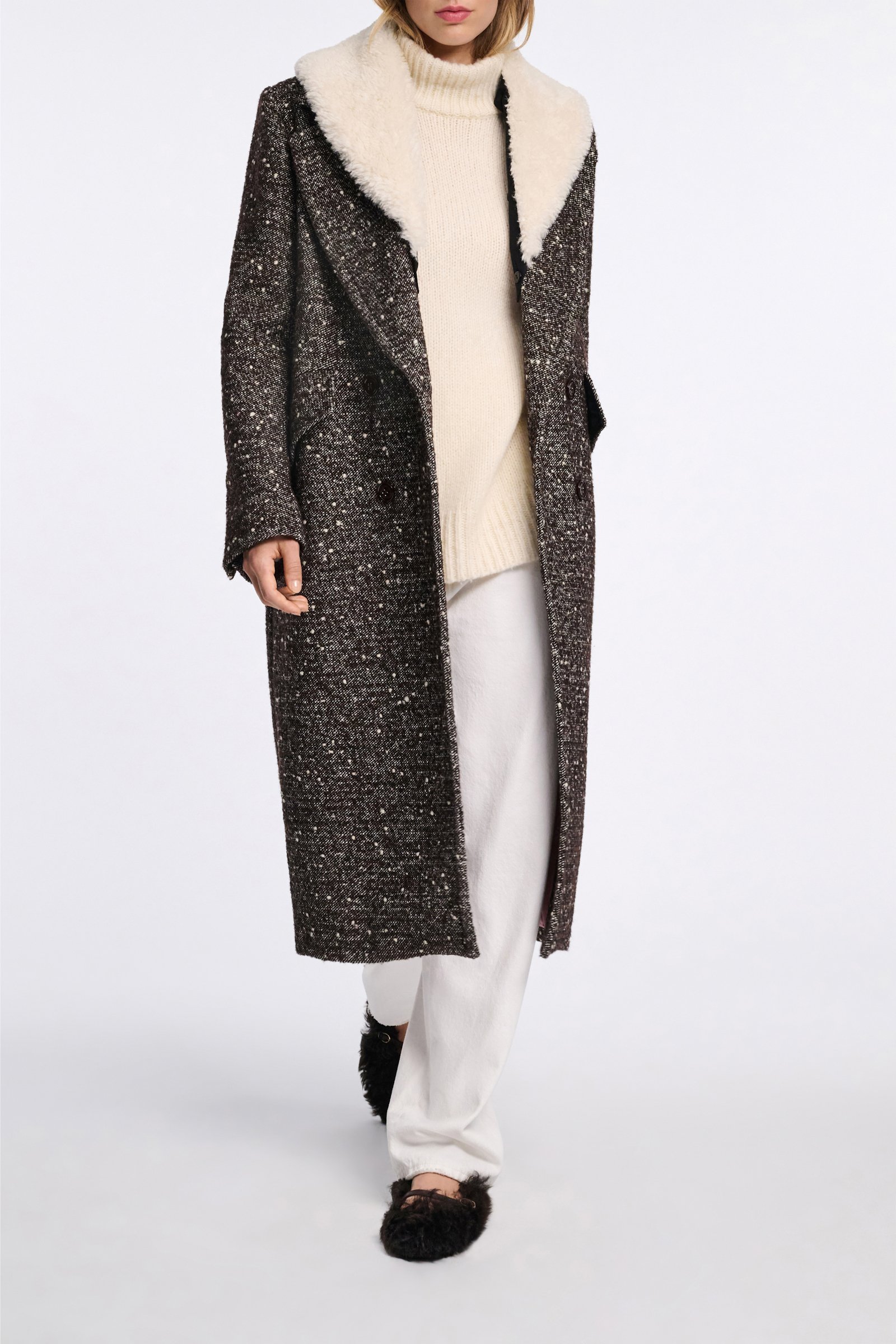 Dorothee Schumacher Wool-mix coat with removable faux fur collar chocolate tweed