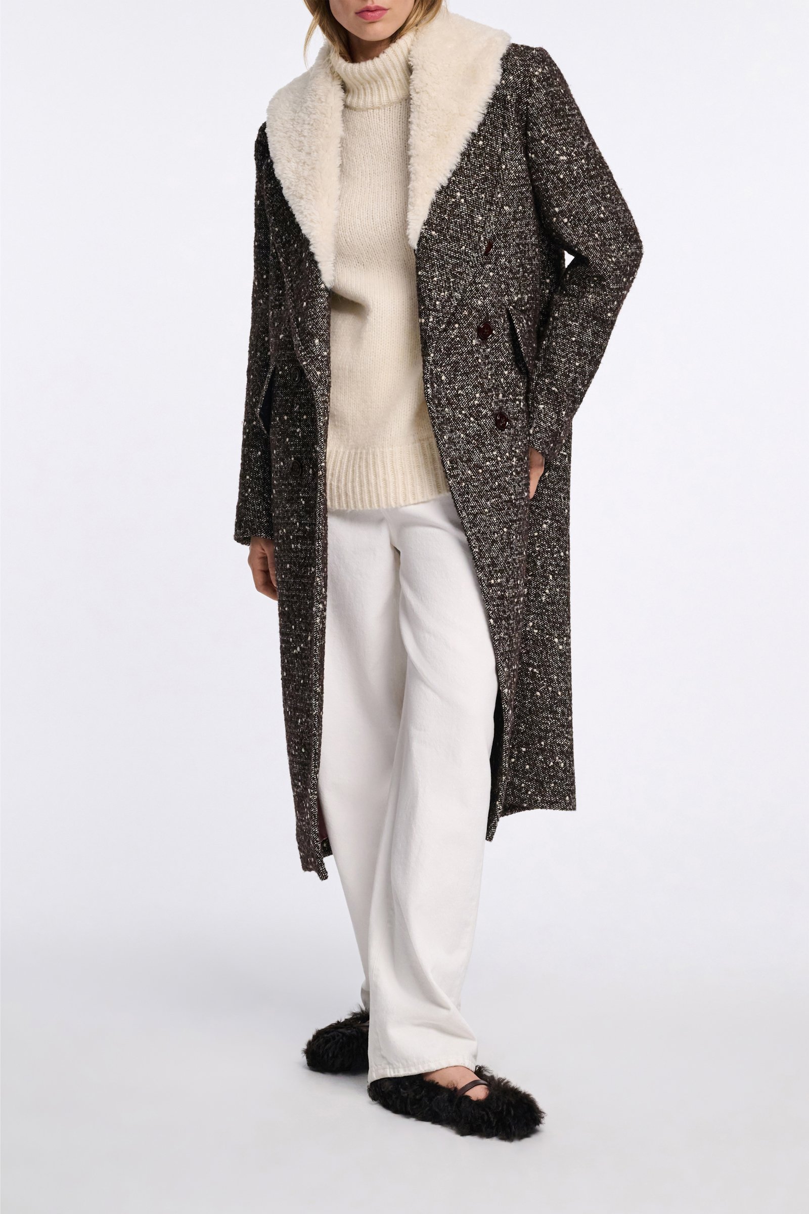 Dorothee Schumacher Wool-mix coat with removable faux fur collar chocolate tweed