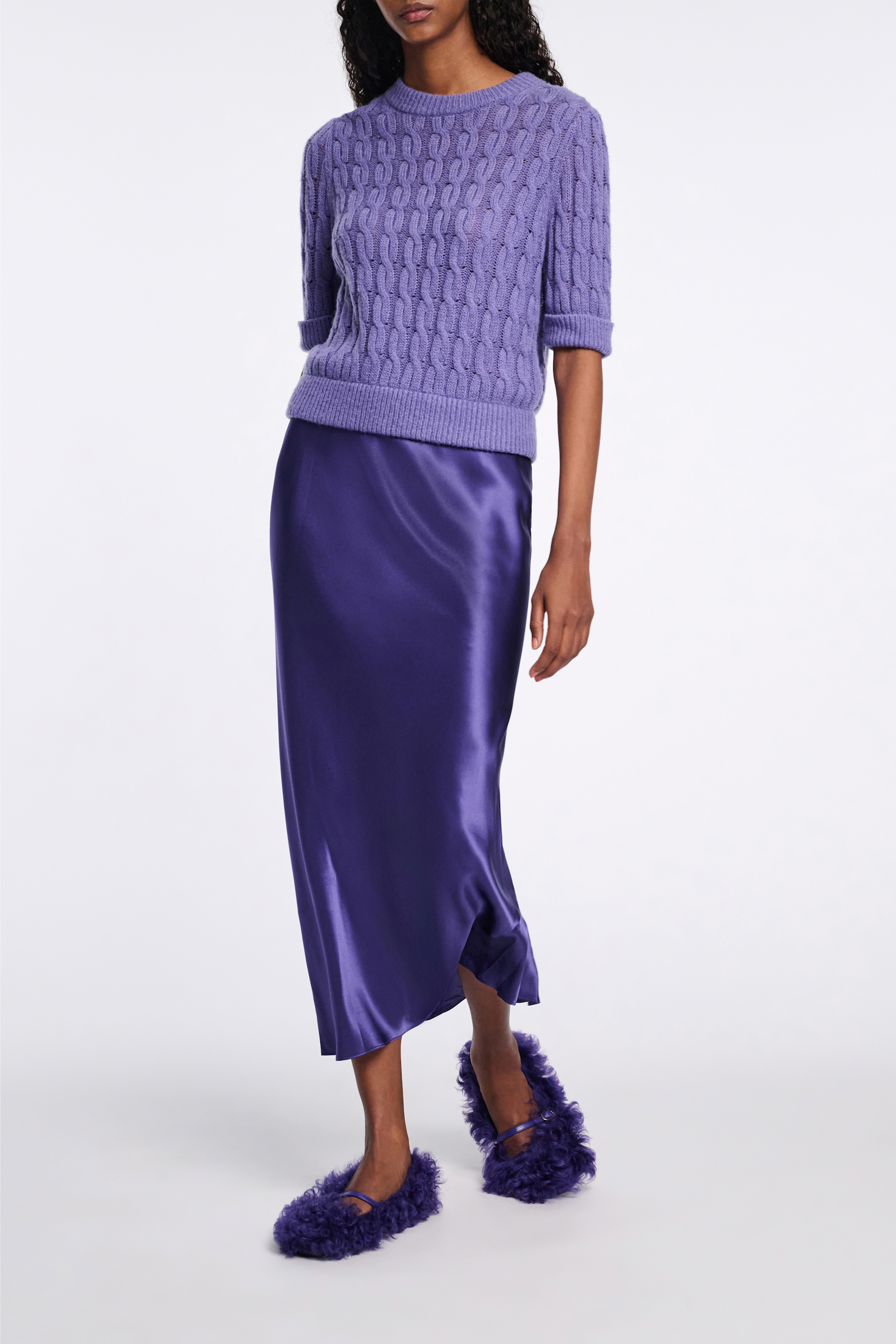 Dorothee Schumacher Bias cut midi-skirt in silk satin iris