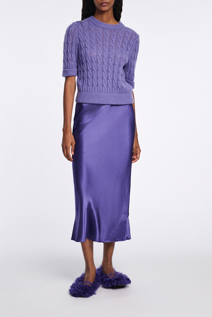 Dorothee Schumacher Bias cut midi-skirt in silk satin iris