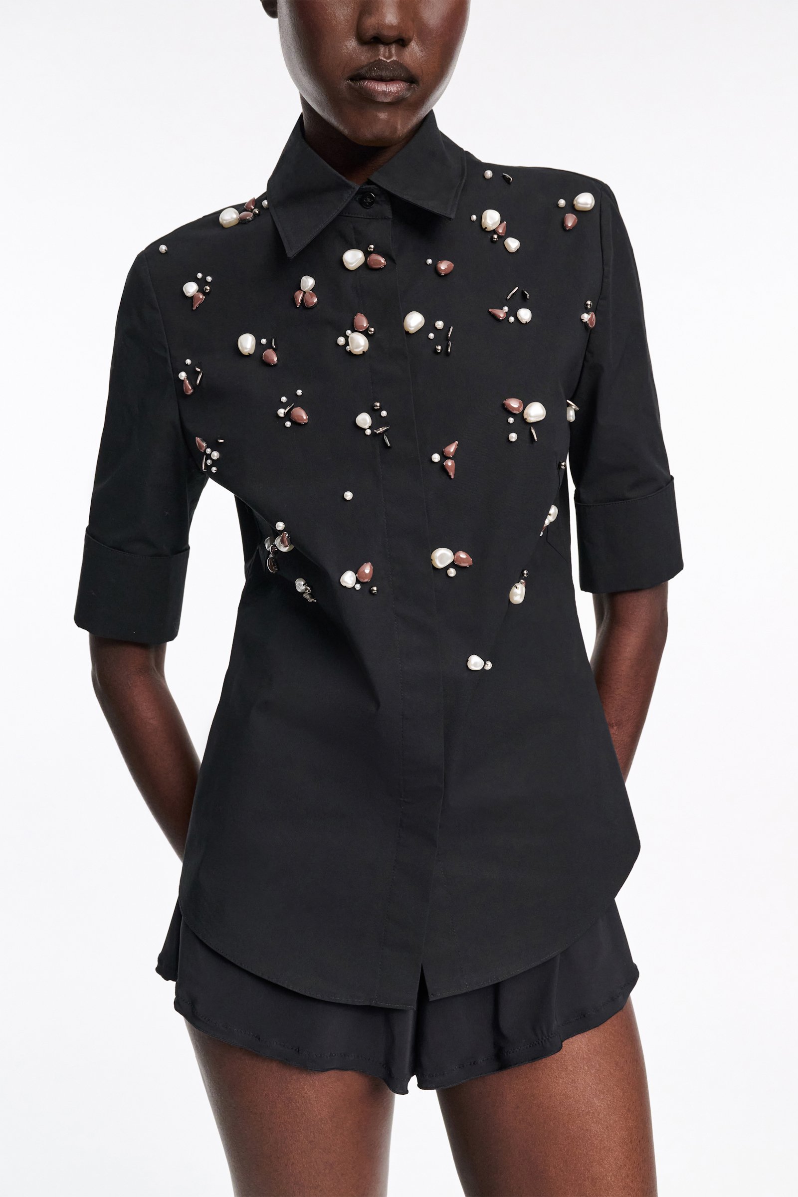 Dorothee Schumacher Hand-embellished half-sleeve blouse in cotton-poplin pure black