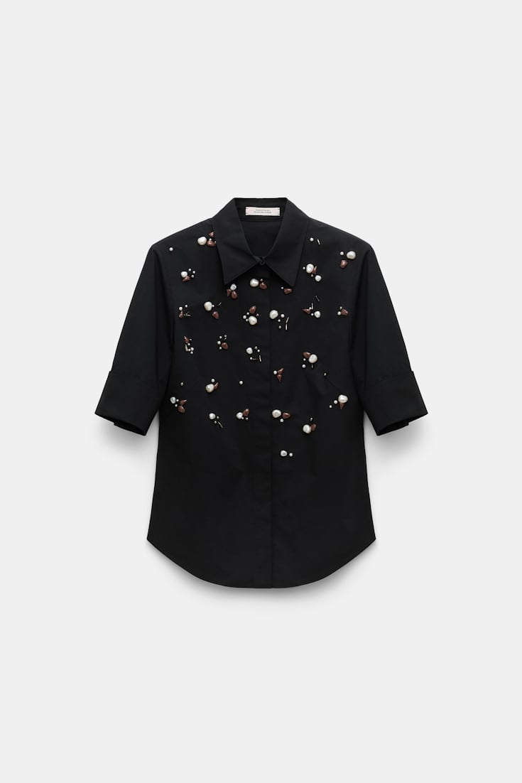 Dorothee Schumacher Hand-embellished half-sleeve blouse in cotton-poplin pure black
