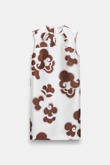 Dorothee Schumacher Embellished shift dress in printed duchesse twill offwhite chocolate