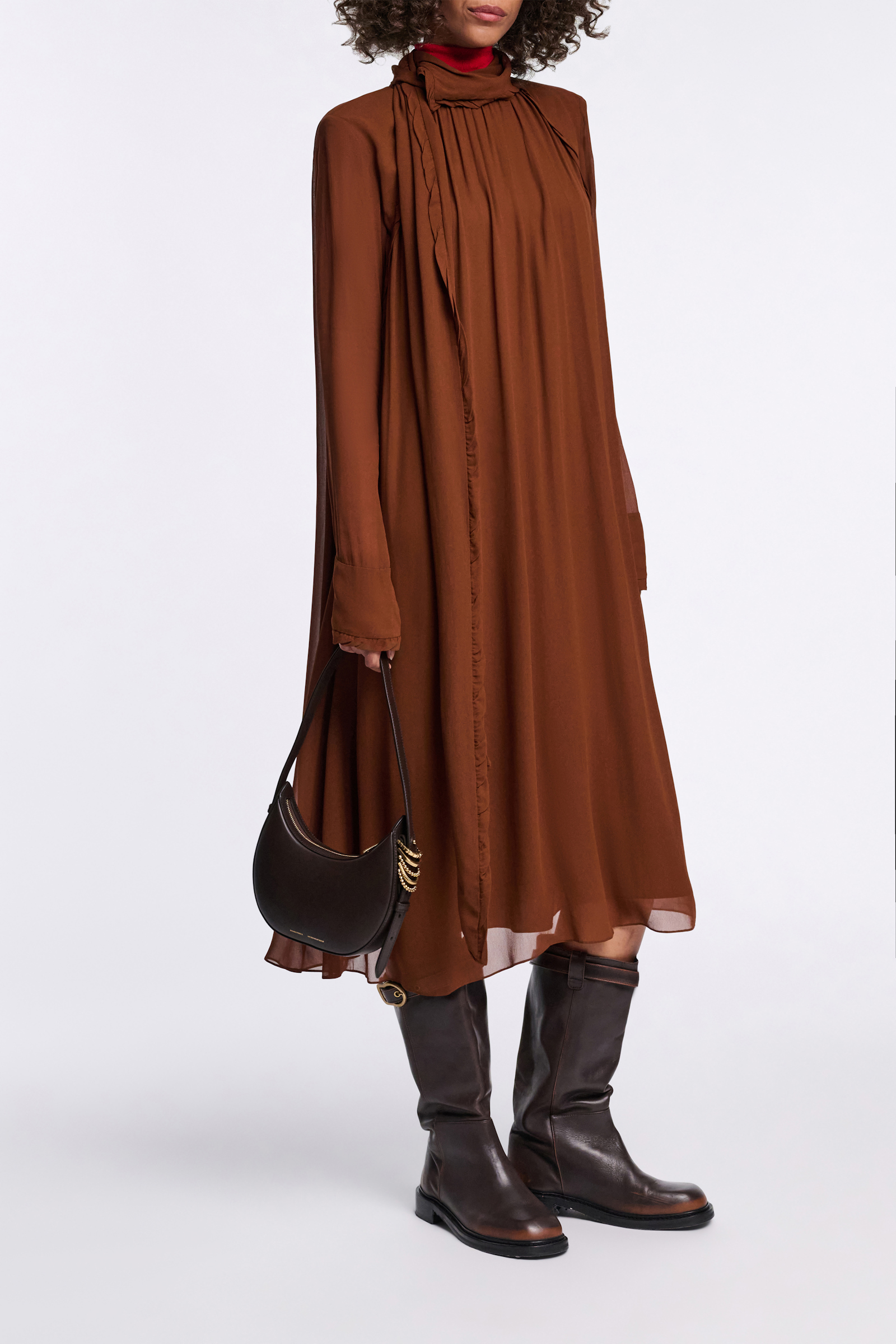 Dorothee Schumacher Turtleneck scarf dress in georgette caramello
