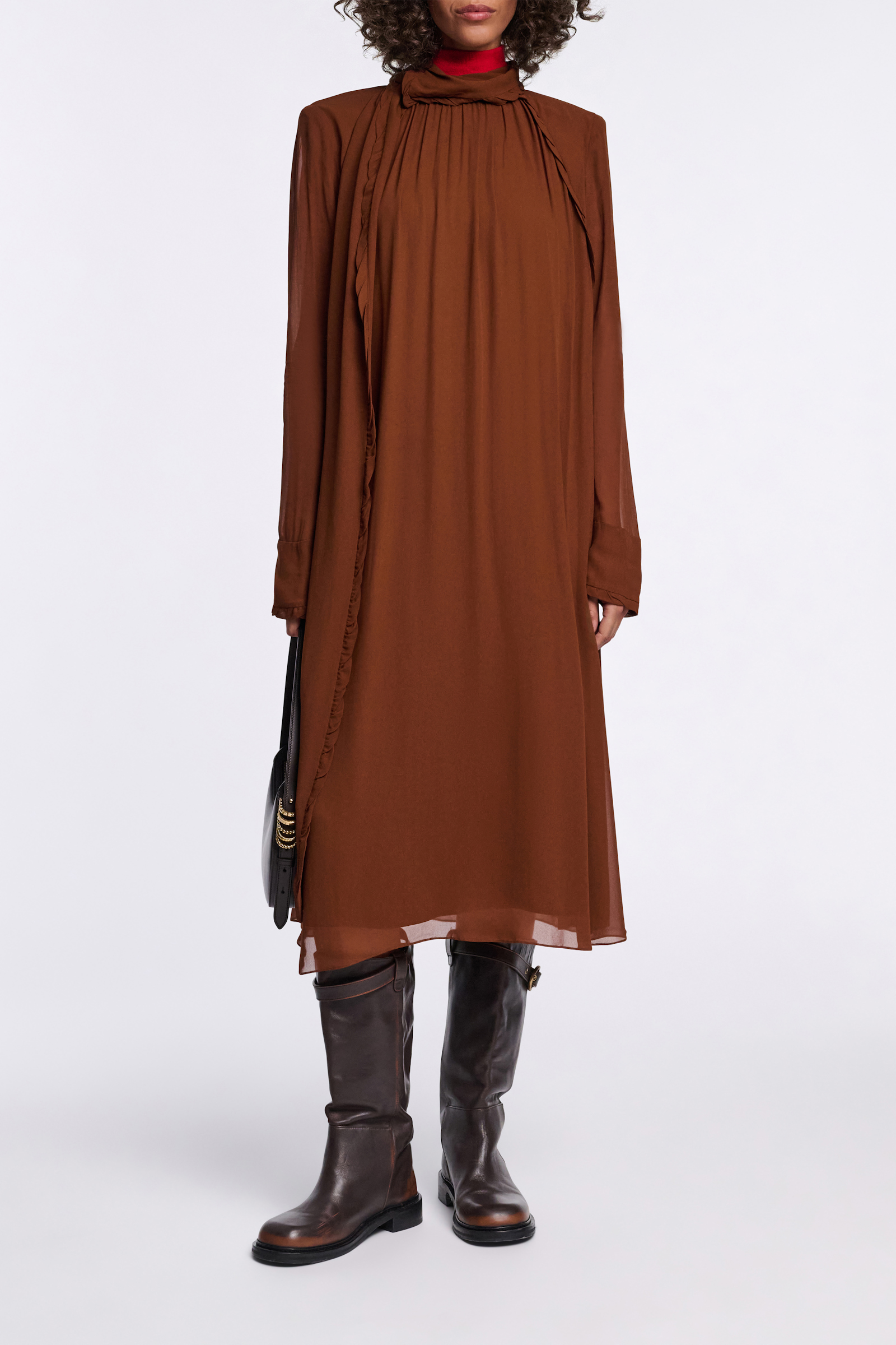 Dorothee Schumacher Turtleneck scarf dress in georgette caramello