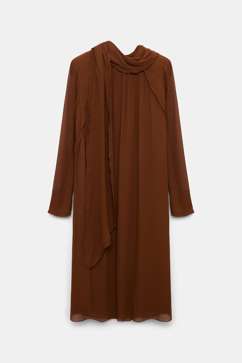 Dorothee Schumacher Turtleneck Scarf Dress In Georgette In Brown