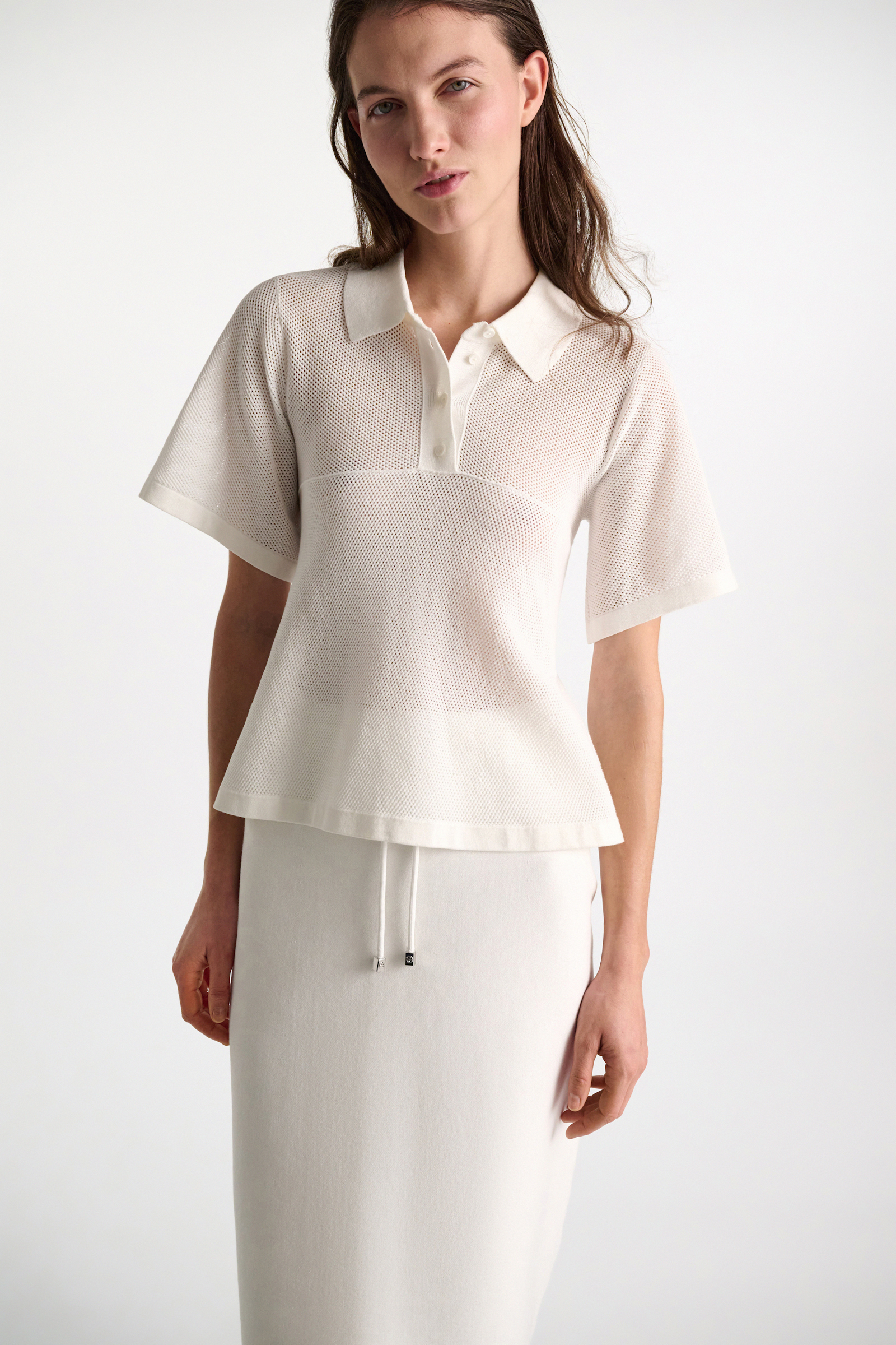 Dorothee Schumacher Pointelle knit stretch cotton polo shirt eggshell