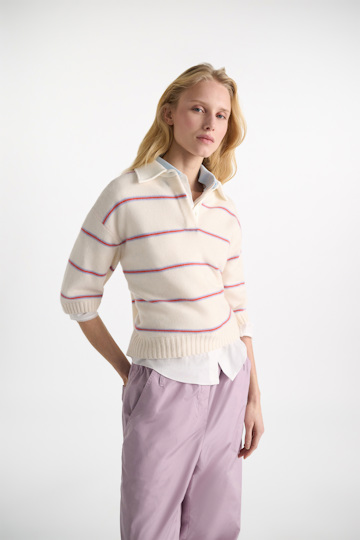 Dorothee Schumacher Merino-cashmere striped knit polo white sky trio