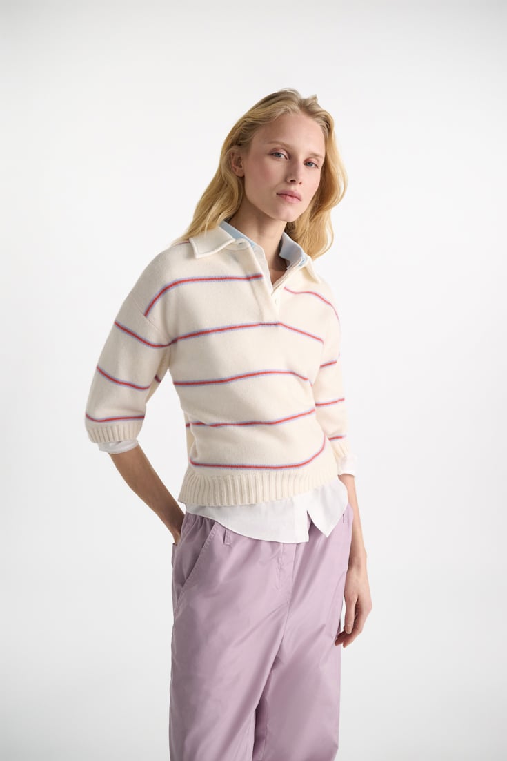 Dorothee Schumacher Merino-cashmere striped knit polo white sky trio