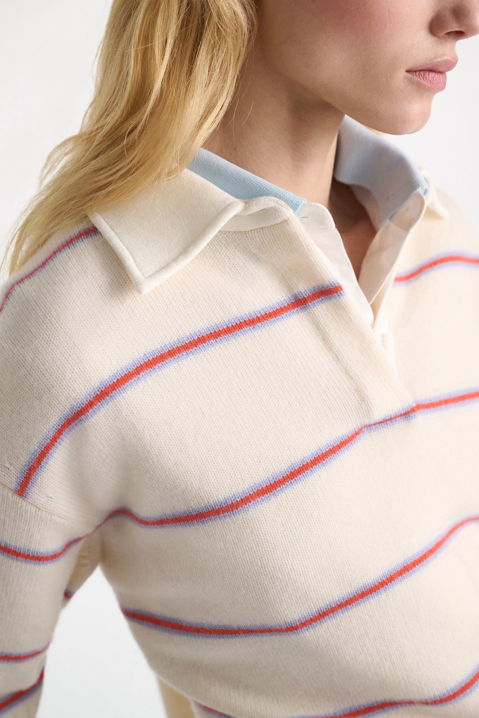 Dorothee Schumacher Merino-cashmere striped knit polo white sky trio