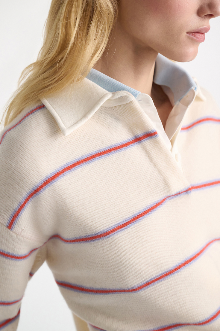 Dorothee Schumacher Merino-cashmere striped knit polo white sky trio