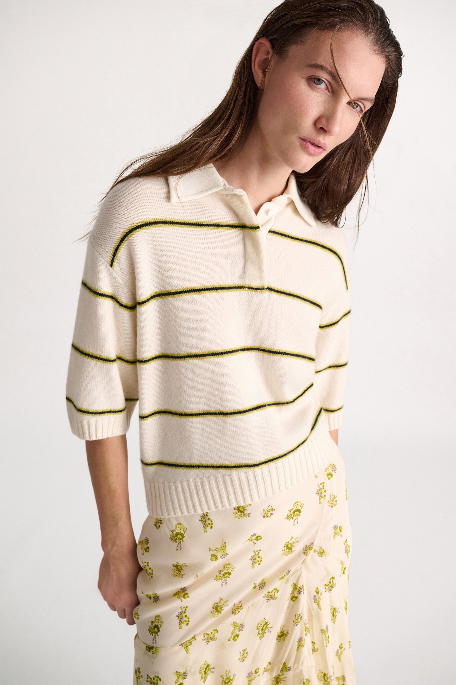 Dorothee Schumacher Merino-cashmere striped knit polo white ginger trio