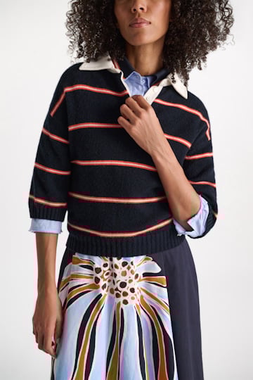 Dorothee Schumacher Gestreiftes Polohemd aus Merino und Kaschmir energetic blue trio