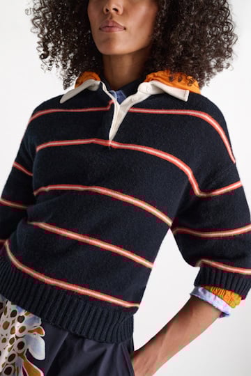 Dorothee Schumacher Gestreiftes Polohemd aus Merino und Kaschmir energetic blue trio