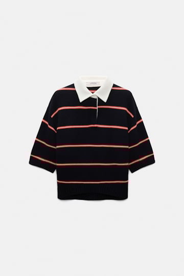 Dorothee Schumacher Merino-cashmere striped knit polo energetic blue trio
