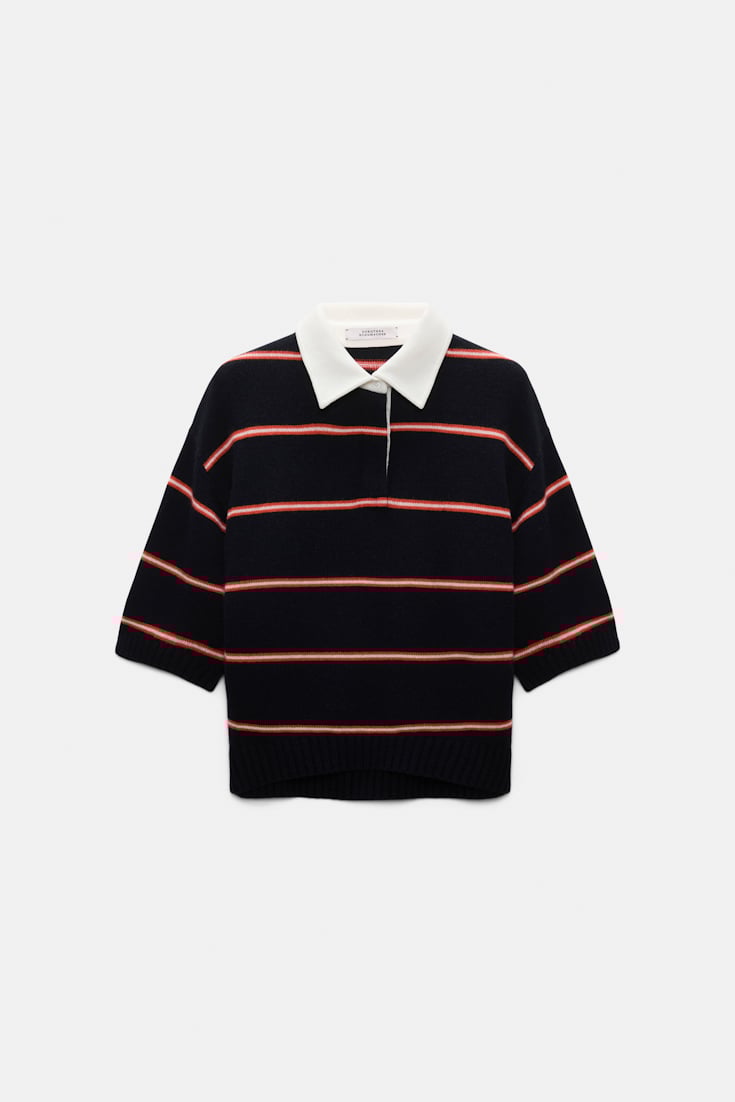Dorothee Schumacher Merino-cashmere striped knit polo energetic blue trio