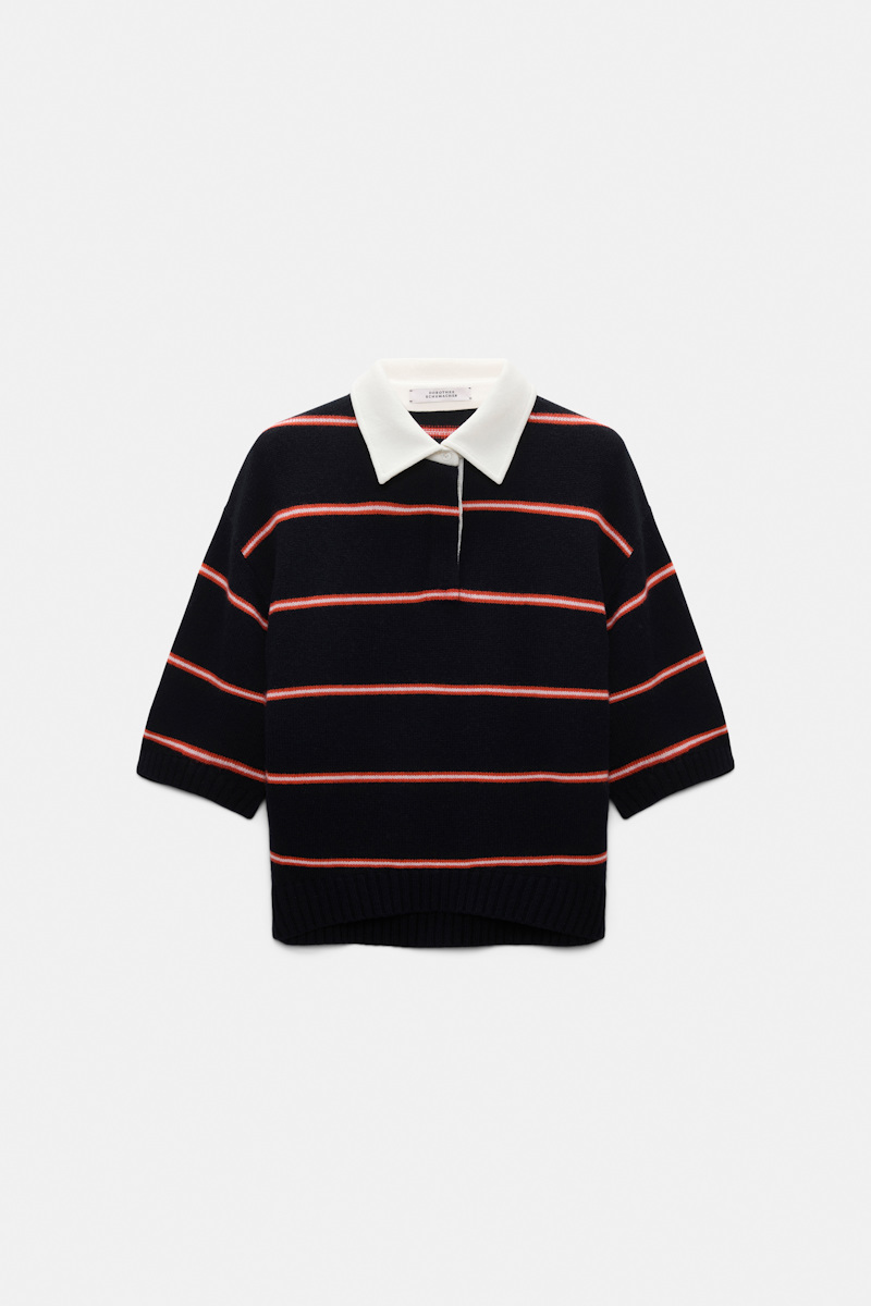 Dorothee Schumacher Women's Blue Merino-Cashmere Striped Knit Polo Xxs