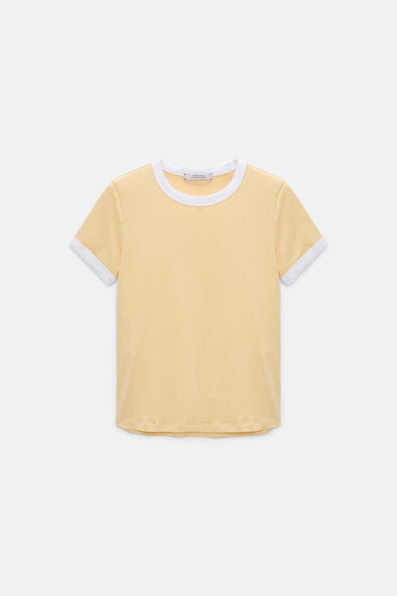 Stretch cotton shrunken T-shirt with contrast trim