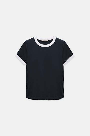 Dorothee Schumacher Stretch cotton shrunken T-shirt with contrast trim dark navy