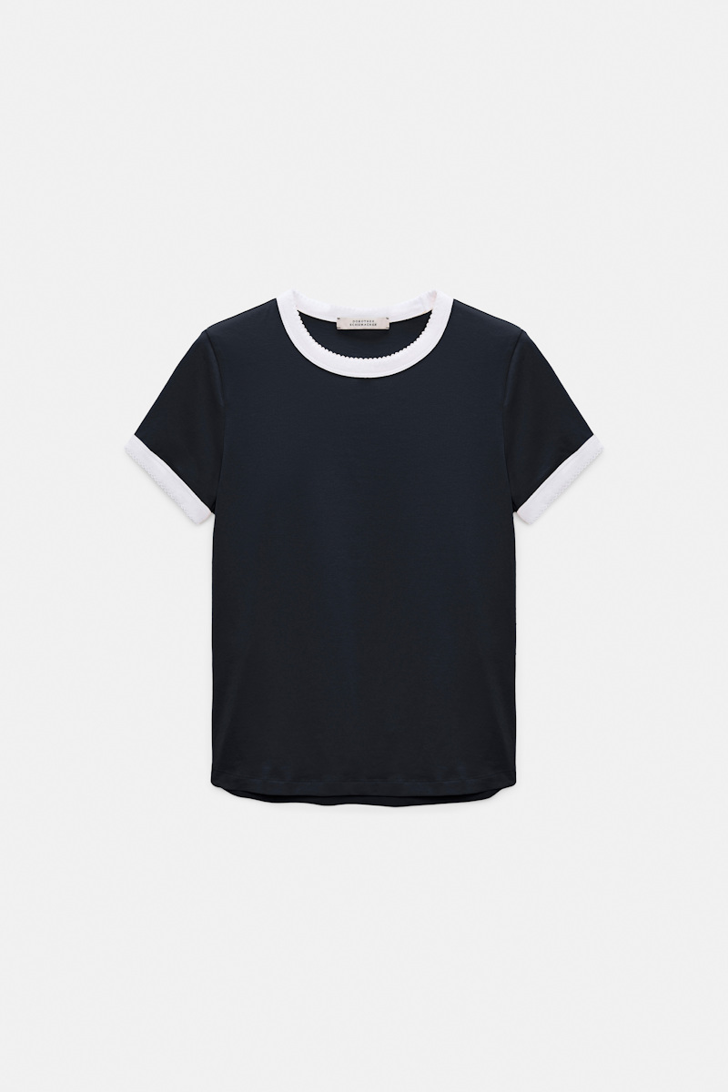 Stretch cotton shrunken T-shirt with contrast trim