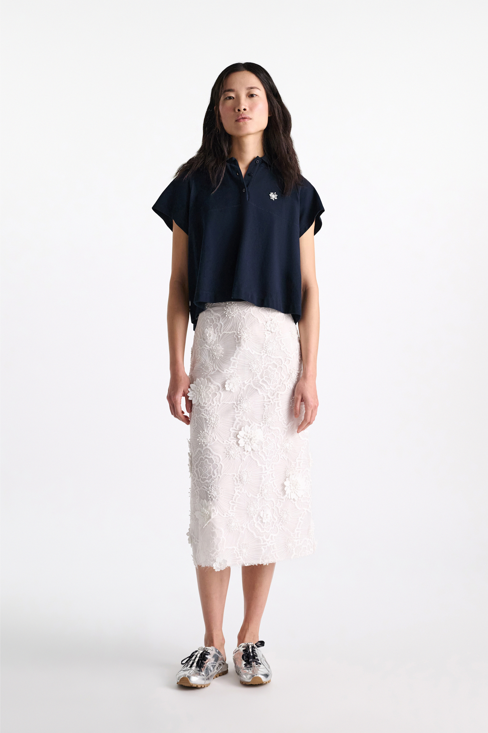 Dorothee Schumacher Polo shirt with D-rose embroidery dark navy