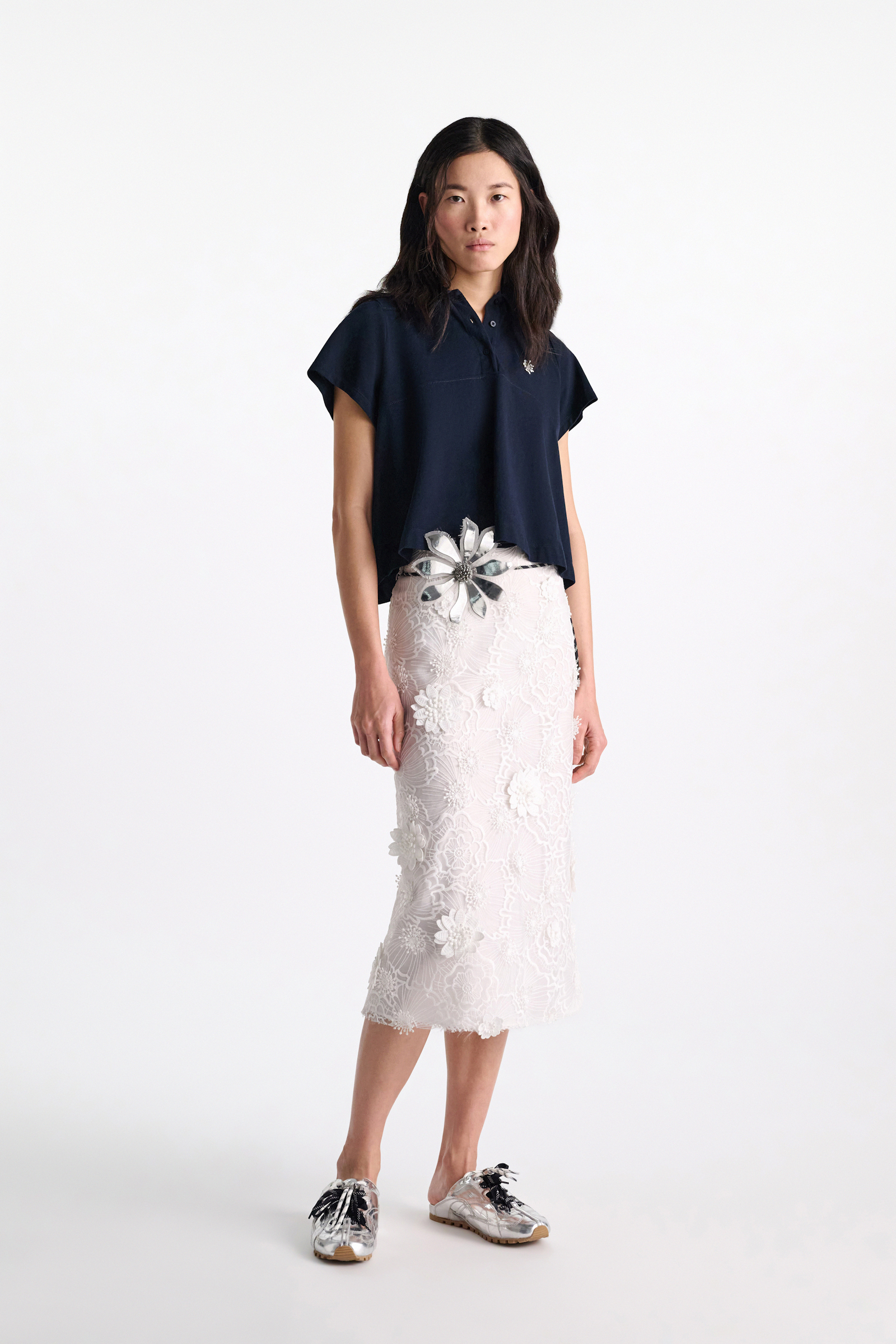 Dorothee Schumacher Polo shirt with D-rose embroidery dark navy
