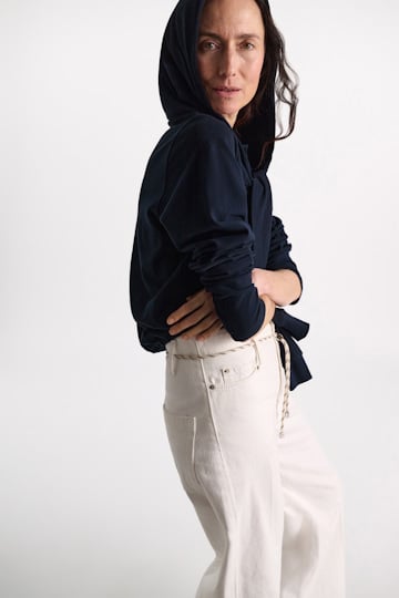 Dorothee Schumacher Long sleeve top with hood and layered look dark navy