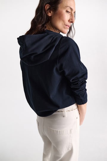 Dorothee Schumacher Long sleeve top with hood and layered look dark navy