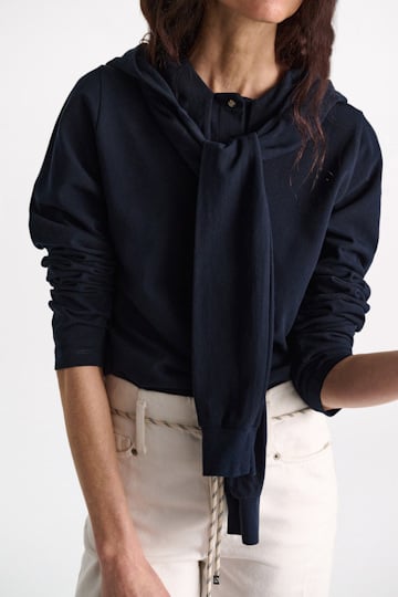 Dorothee Schumacher Long sleeve top with hood and layered look dark navy