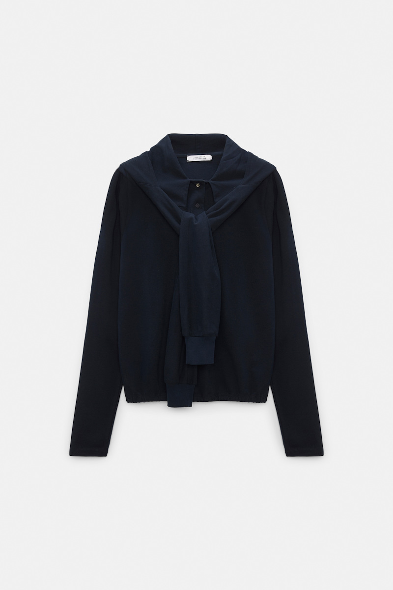 Dorothee Schumacher Women's Blue Long Sleeve Top With Hood And Layered Look Medium