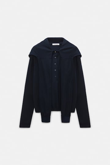 Dorothee Schumacher Long sleeve top with hood and layered look dark navy