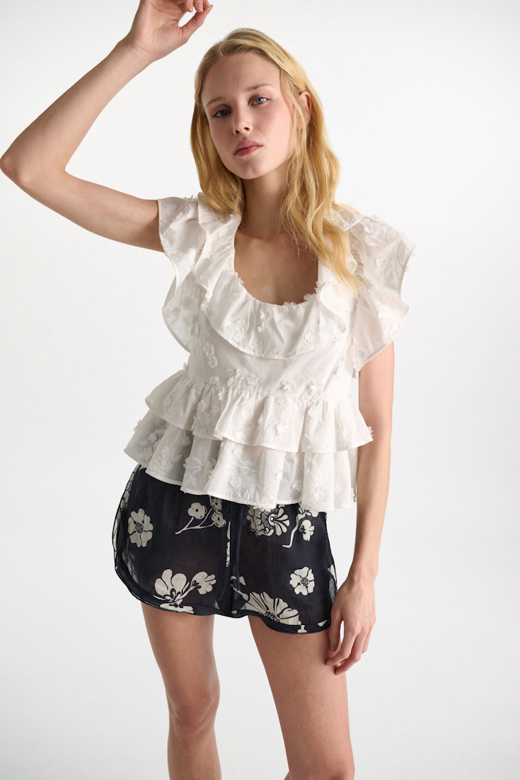 Dorothee Schumacher Crinkle ramie printed shorts navy shell