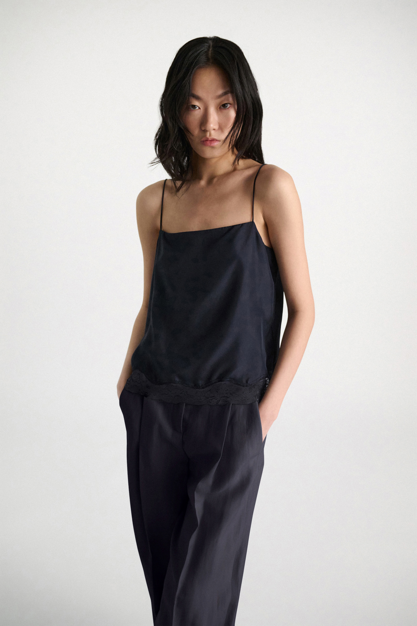 Dorothee Schumacher Double layer lingerie-style camisole in Habotai silk dark navy