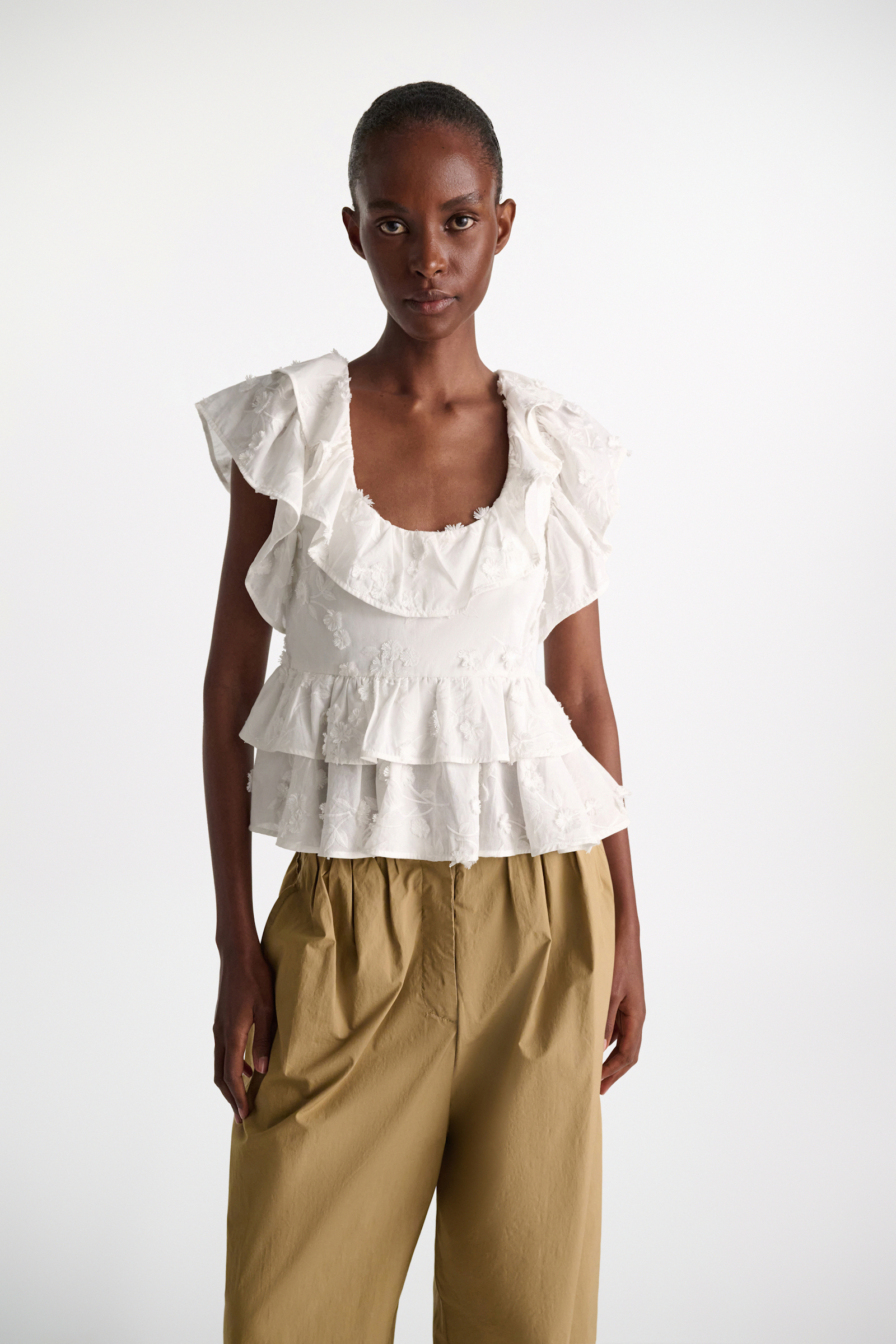 Dorothee Schumacher Top mit Volants aus Baumwoll-Fil-Coupé camellia white