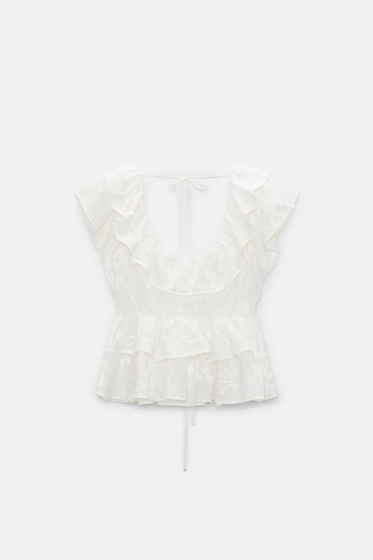 Dorothee Schumacher Top mit Volants aus Baumwoll-Fil-Coupé camellia white