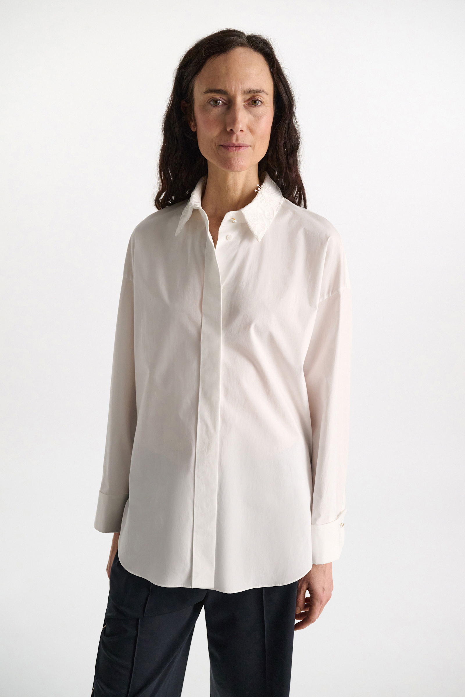 Dorothee Schumacher Cotton poplin shirt with floral collar pure white