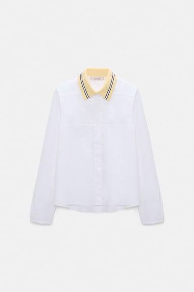Dorothee Schumacher Bluse mit abnehmbarem, gestreiftem Polokragen aus Baumwoll-Popeline white lemon
