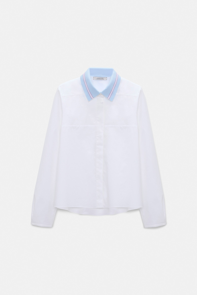 Dorothee Schumacher Women's Blue A-Line Cotton Poplin Blouse With Removable Collar Medium
