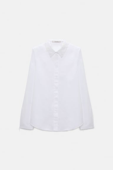 Dorothee Schumacher Bluse mit abnehmbarem, gestreiftem Polokragen aus Baumwoll-Oxford pure white