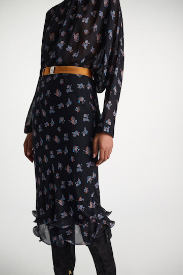 Dorothee Schumacher Printed georgette midi-skirt with ruffles Little Daydream navy orange
