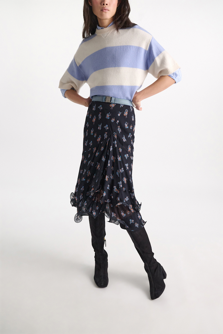 Dorothee Schumacher Printed georgette midi-skirt with ruffles Little Daydream navy orange