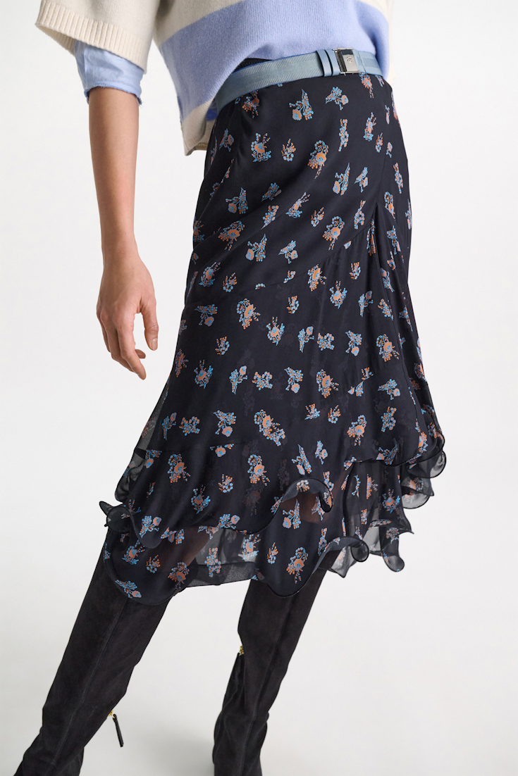 Dorothee Schumacher Printed georgette midi-skirt with ruffles Little Daydream navy orange