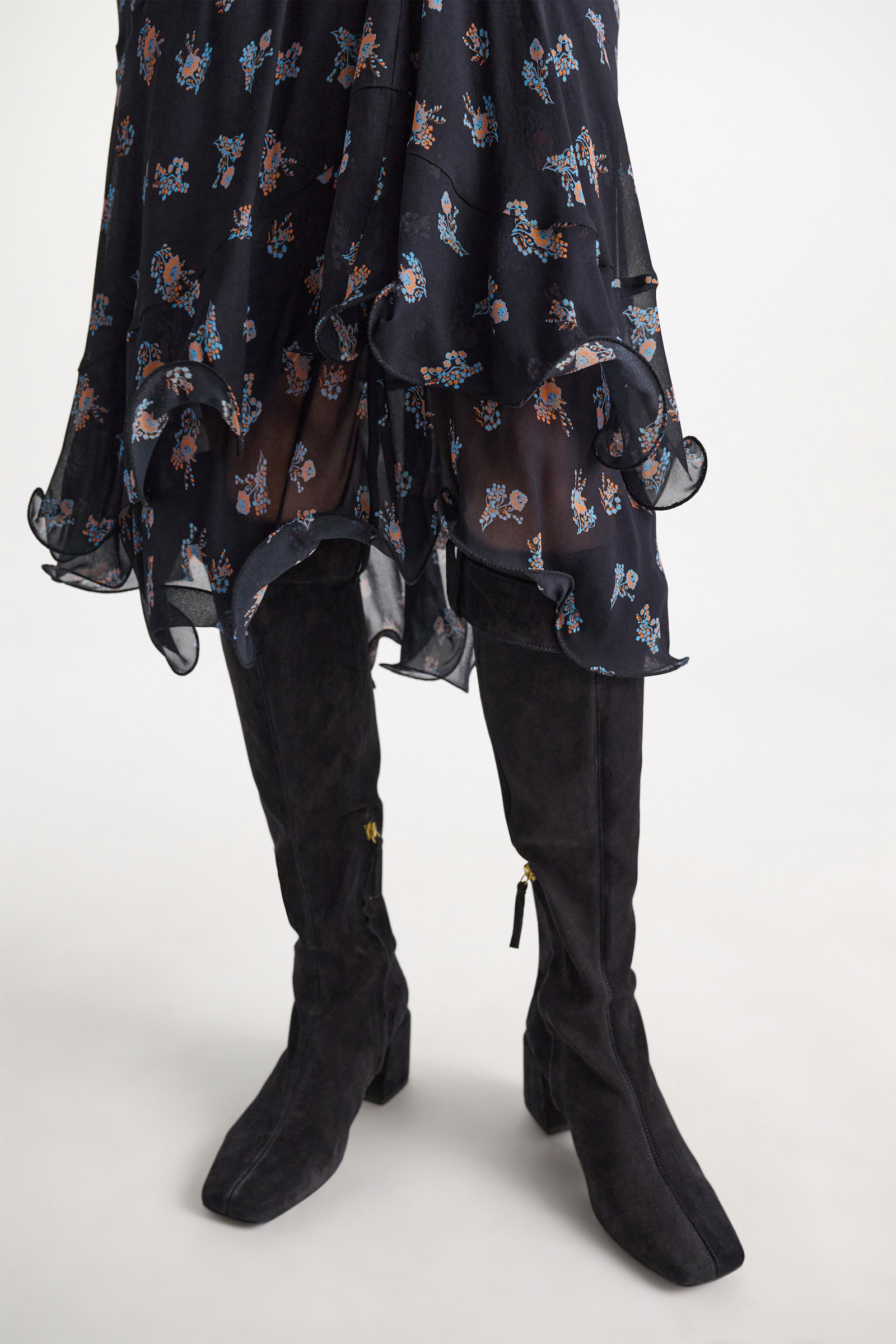 Dorothee Schumacher Printed georgette midi-skirt with ruffles Little Daydream navy orange