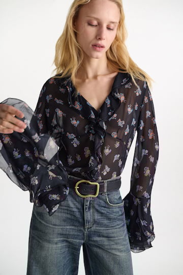 Dorothee Schumacher T-Blouse mit Volant-Details aus bedrucktem Georgette Little Daydream navy orange