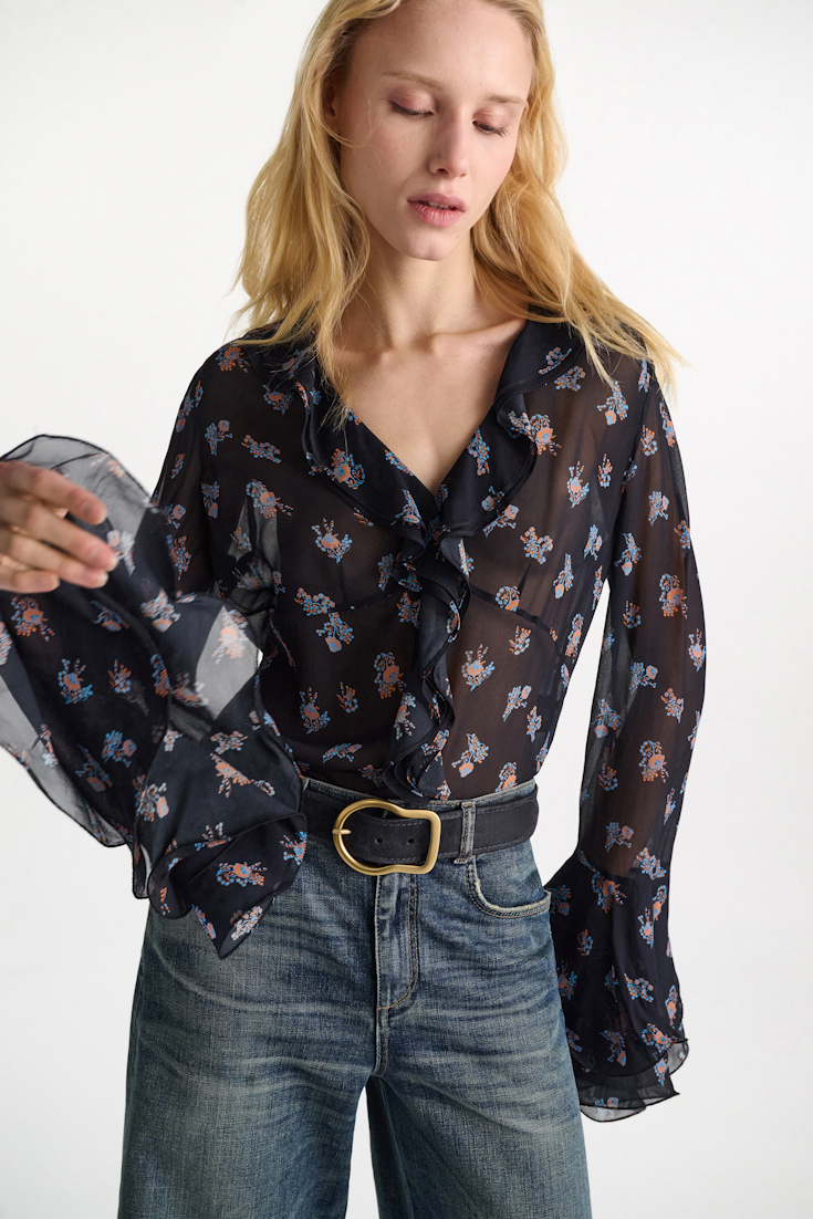 Dorothee Schumacher T-Blouse mit Volant-Details aus bedrucktem Georgette Little Daydream navy orange