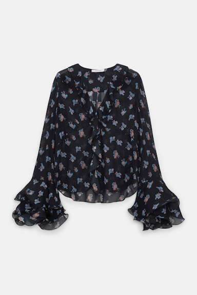 Dorothee Schumacher Printed georgette blouse with ruffle cuffs Little Daydream navy orange
