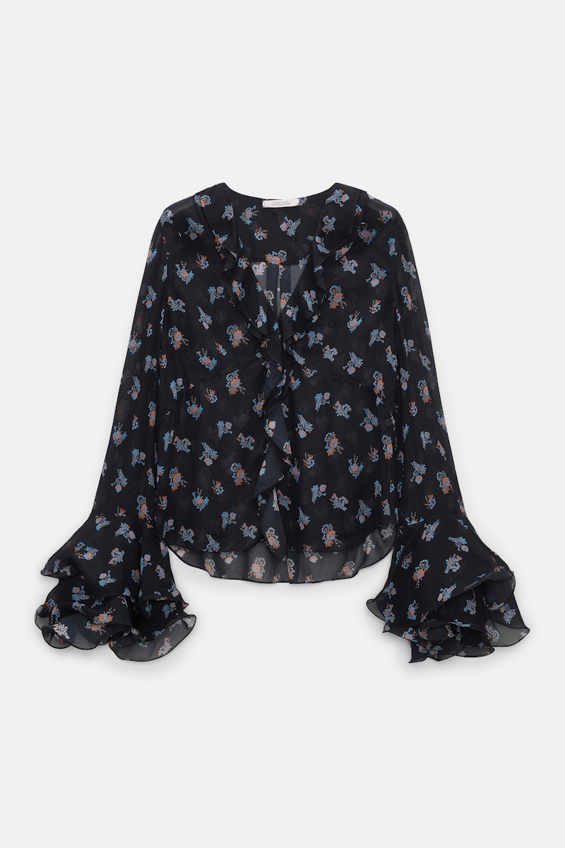 Dorothee Schumacher Women's Multi Colour Printed Georgette Blouse With Ruffle Cuffs Xxl