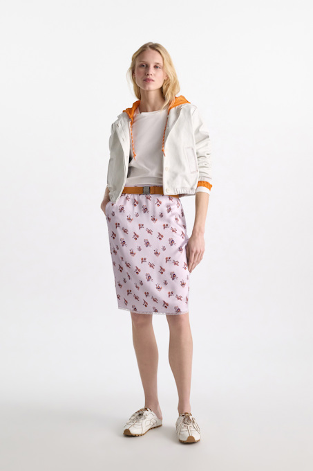 Lingerie-style skirt in printed silk satin